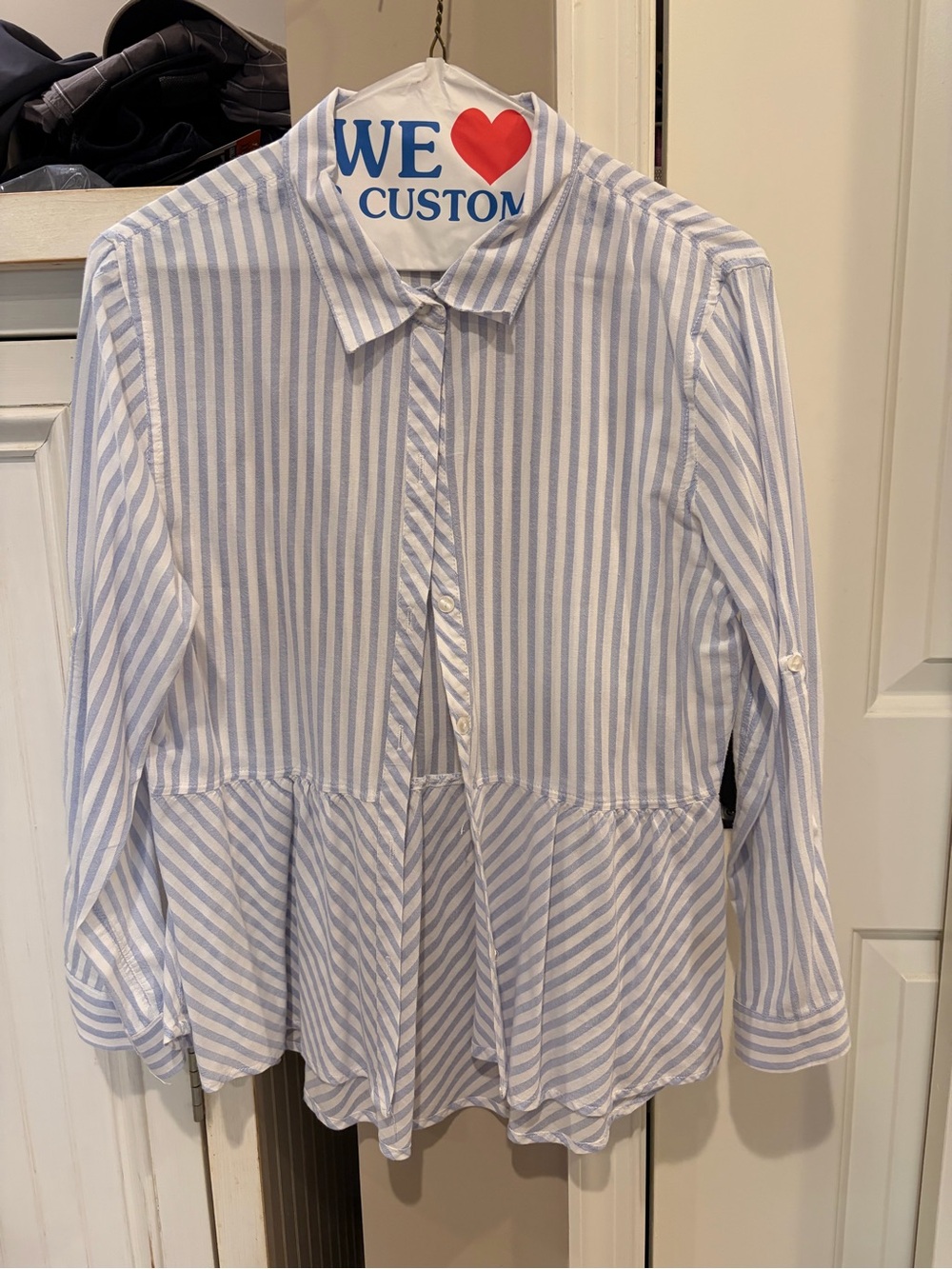 Love Notes Blue and White Striped Peplum Button-Down Shirt